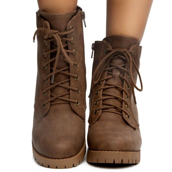 New Distressed Brown Lace-Up Knit Ankle Boots Booties Chunky Block Heel Platform - Picture 8 of 8